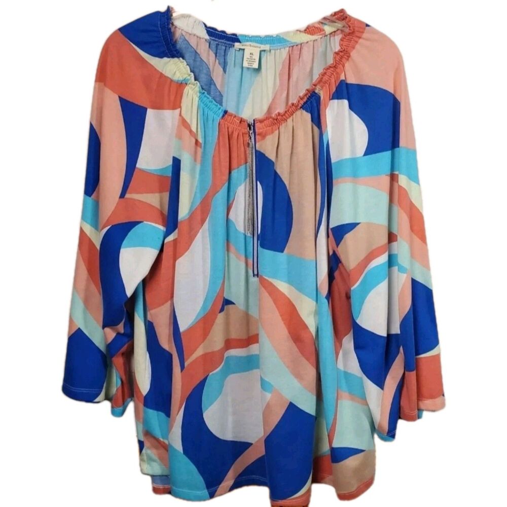 Westbound Top Womens XL Blue Orange Abstract On Off Shoulder Chain Zip 70s Vibe